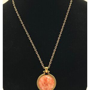 Gold-Tone Chain Necklace With Round Pink Stone Pendant 22 Inches Lobster Clasp C